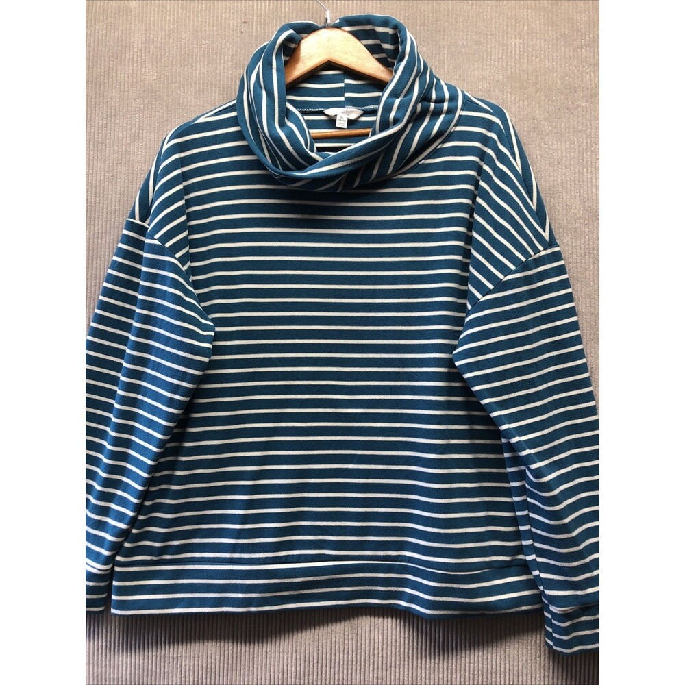 Time & Tru Fleece Turtleneck Womens XL Teal White Stripe Cozy Athleisure Casual
